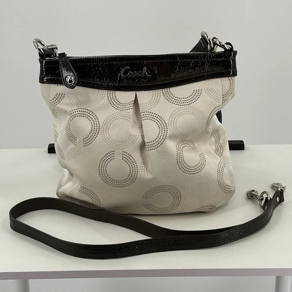 Coach Madison Op Art Dotted C Convertible Shoulder Bag Ivory Brown Canvas